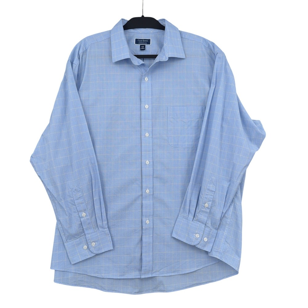 Club Room Performance Men 18.5 34-35 Cotton Blue Plaid Button Down Shirt‎